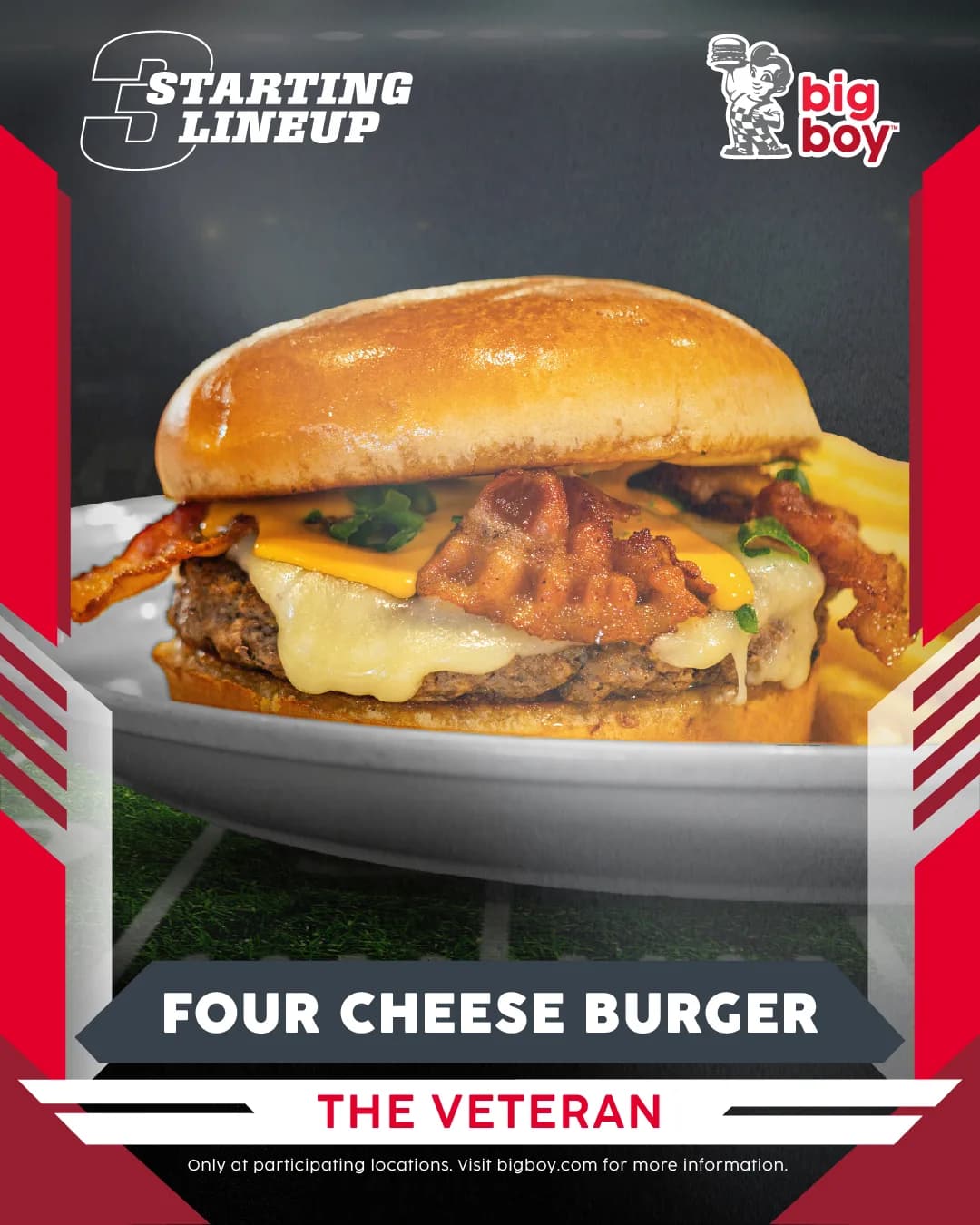 Four Cheese Burger trading card: The Veteran. See it on the menu.